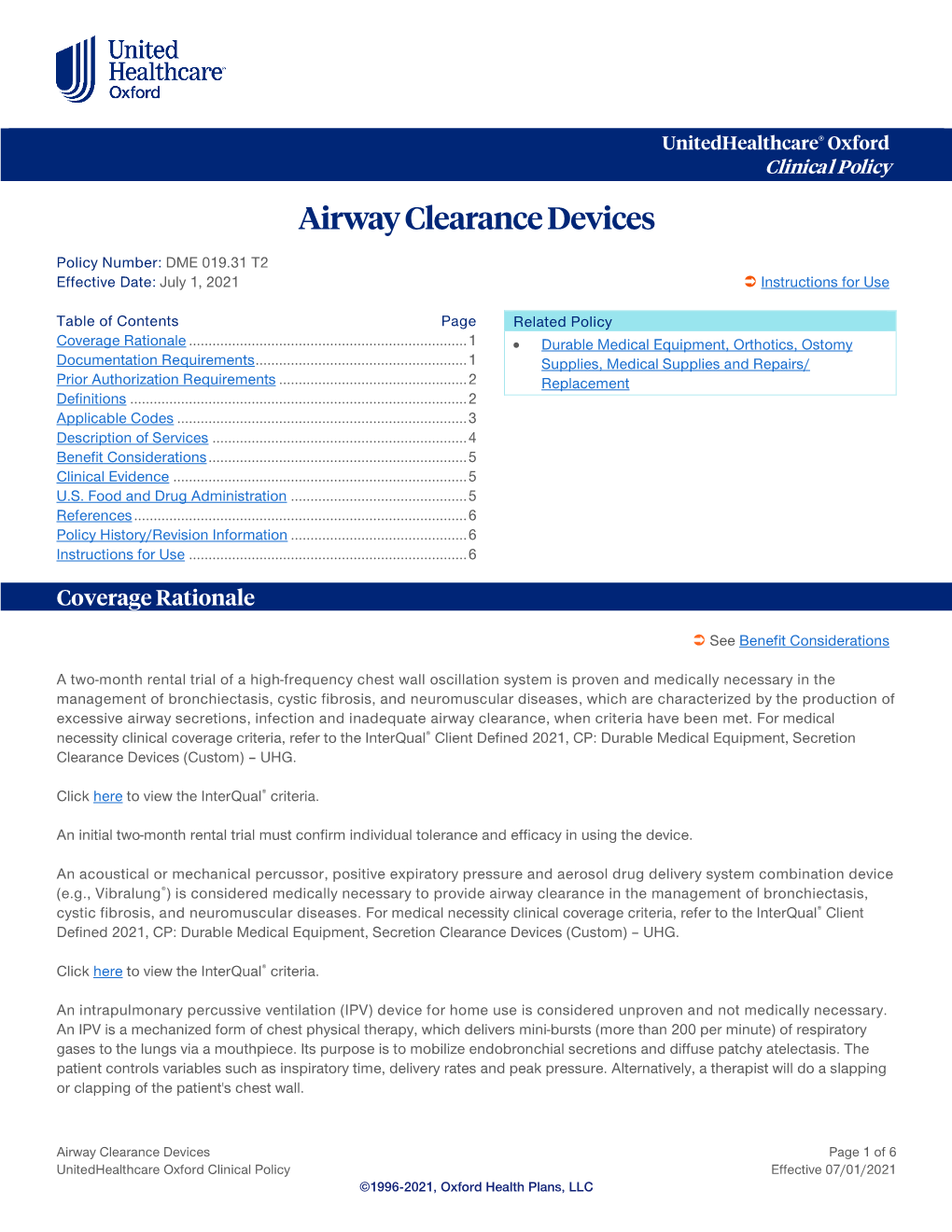Airway Clearance Devices – Oxford Clinical Policy