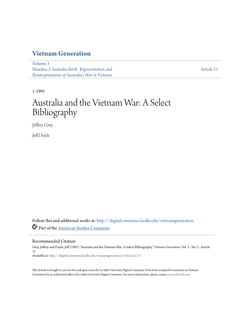 Australia and the Vietnam War: a Select Bibliography Jeffrey Grey
