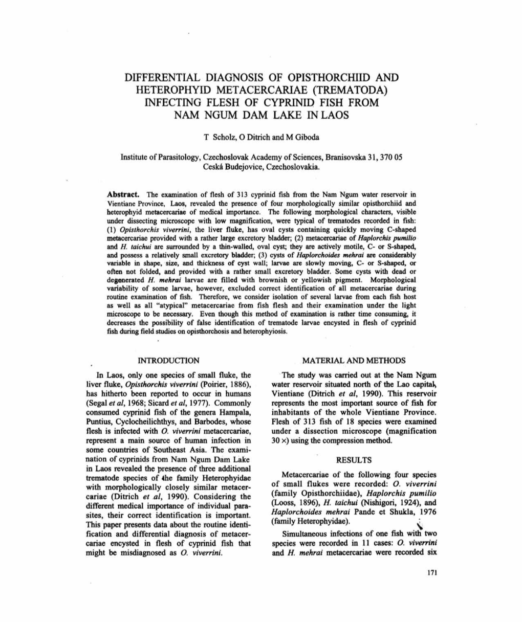 Trematoda) Infecting Flesh of Cyprinid Fish from Nam Ngum Dam Lake in Laos