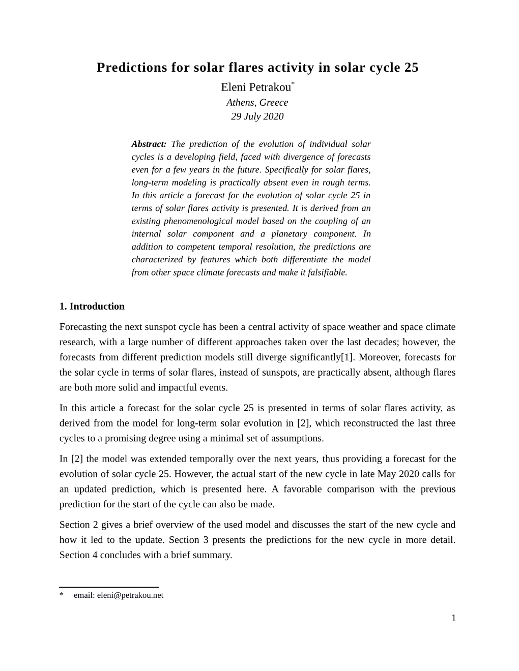 Predictions for Solar Flares Activity in Solar Cycle 25 Eleni Petrakou* Athens, Greece 29 July 2020