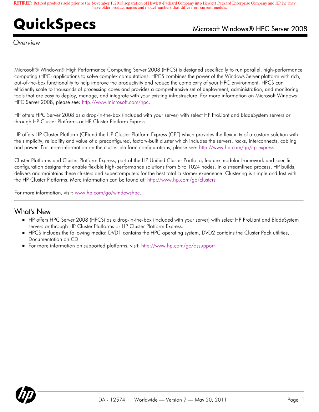 Quickspecs Microsoft Windows® HPC Server 2008 Overview
