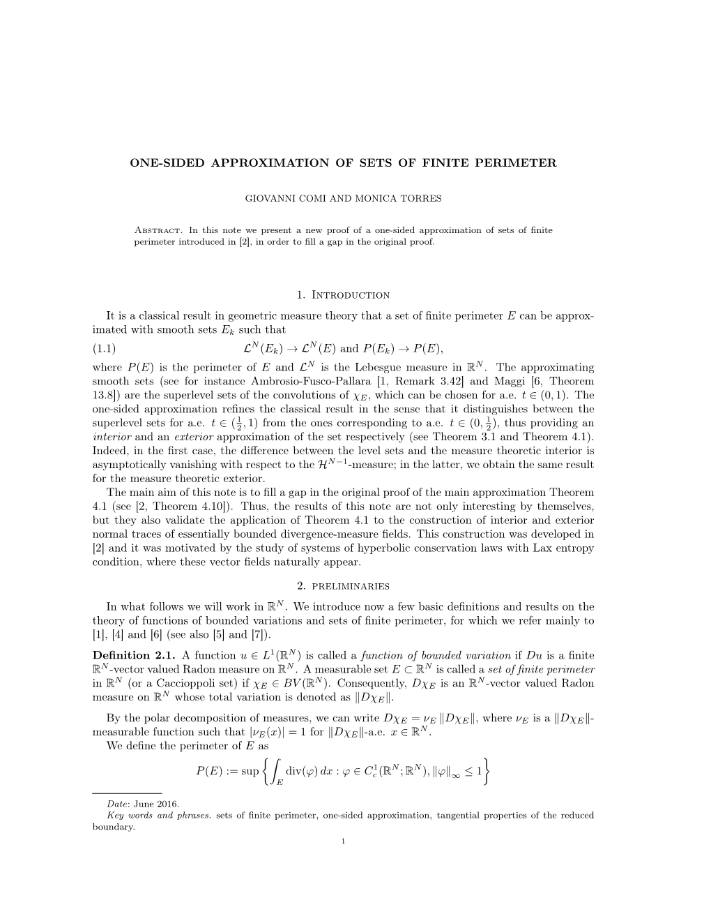 One-Sided Approximation of Sets of Finite Perimeter 1