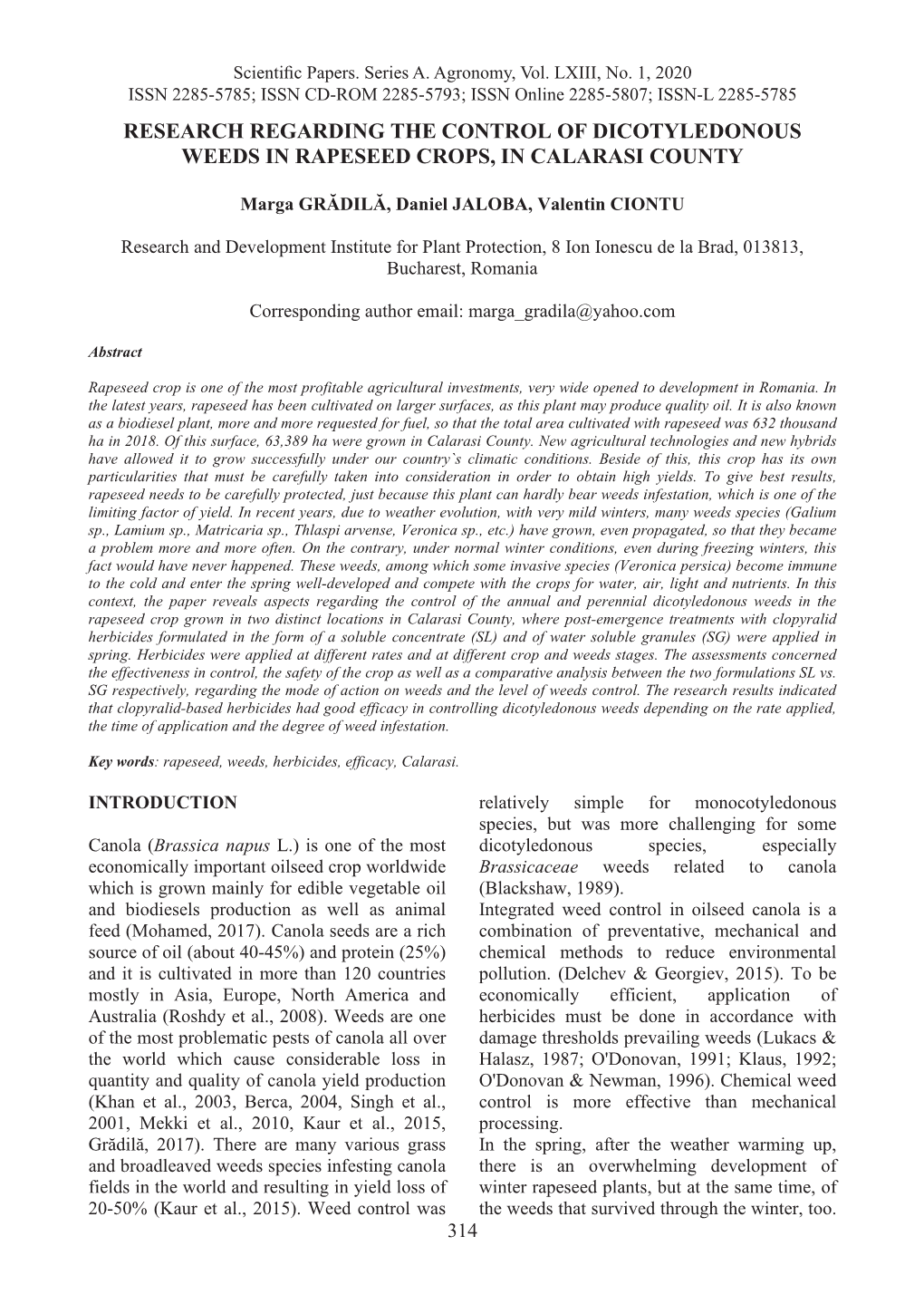 Research Regarding the Control of Dicotyledonous Weeds in Rapeseed Crops, in Calarasi County