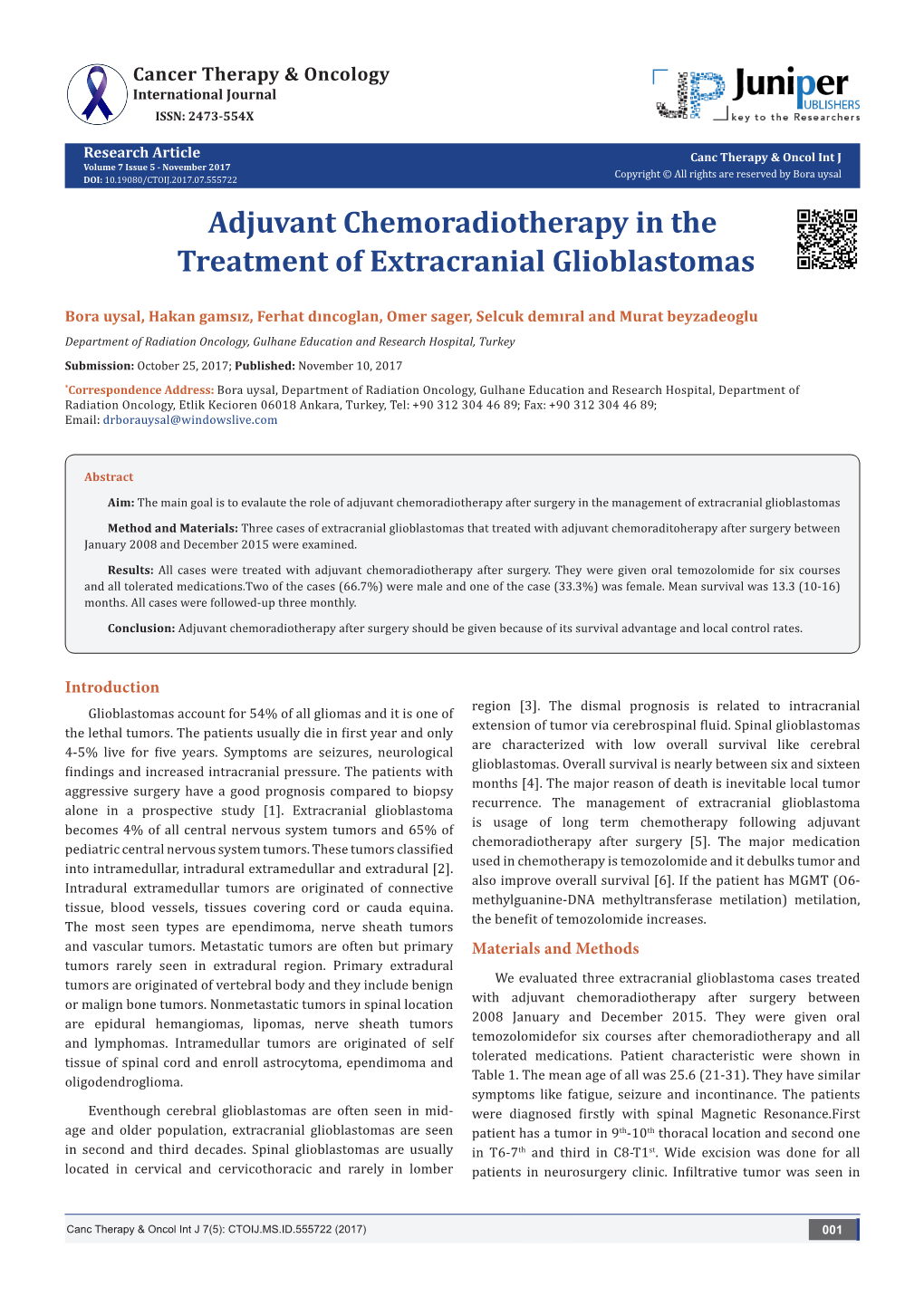 Adjuvant Chemoradiotherapy in the Treatment of Extracranial Glioblastomas