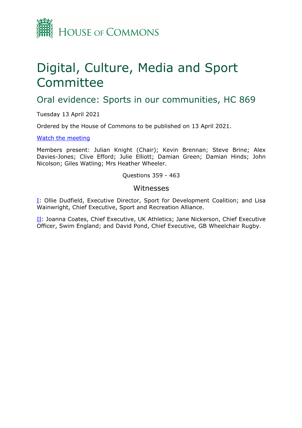 Digital, Culture, Media and Sport Committee Oral Evidence: Sports in Our Communities, HC 869