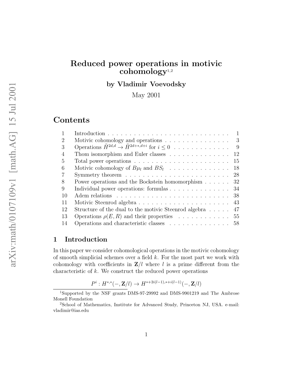 Reduced Power Operations in Motivic Cohomology1,2