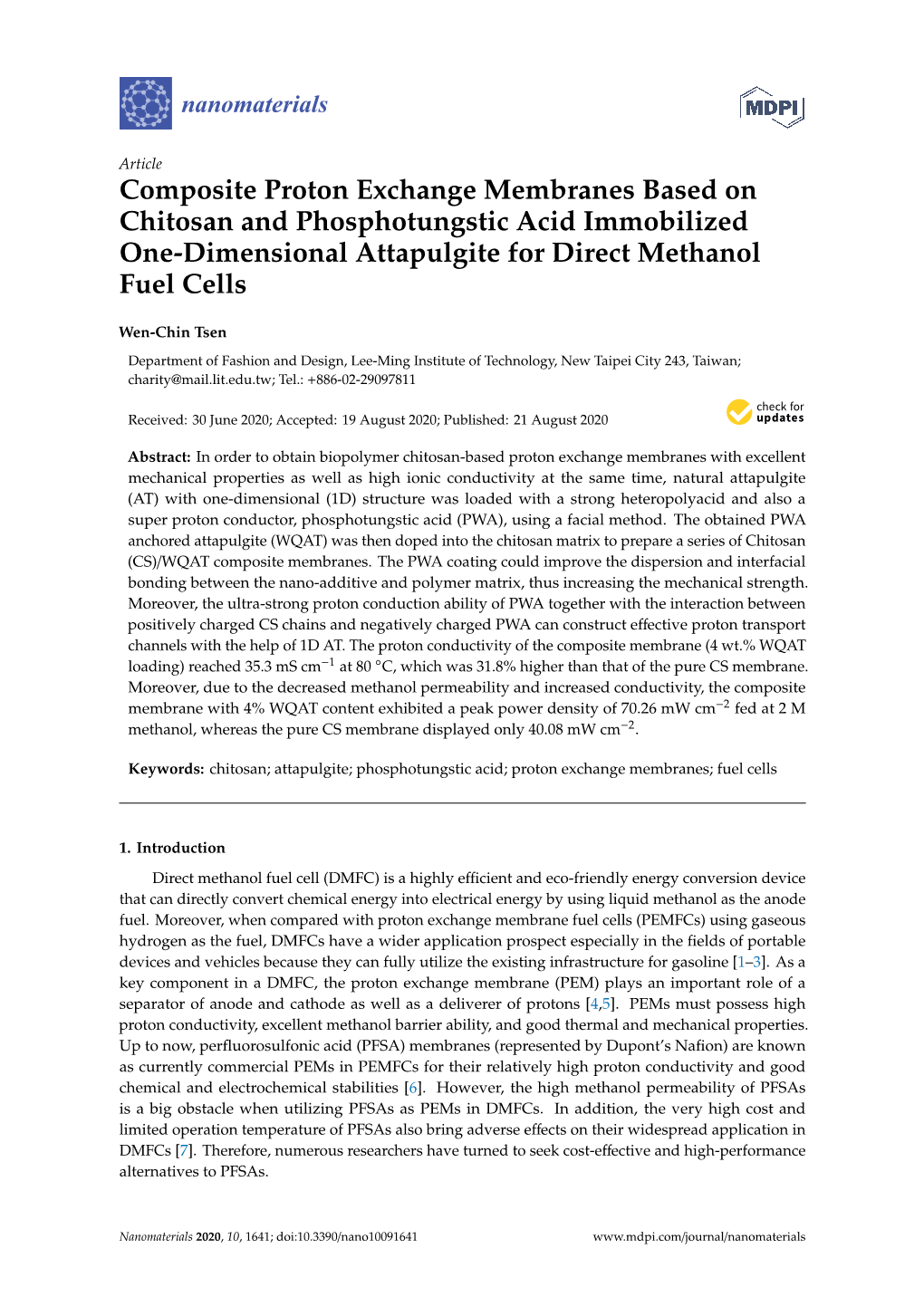 Composite Proton Exchange Membranes Based on Chitosan and Phosphotungstic Acid Immobilized One-Dimensional Attapulgite for Direct Methanol Fuel Cells