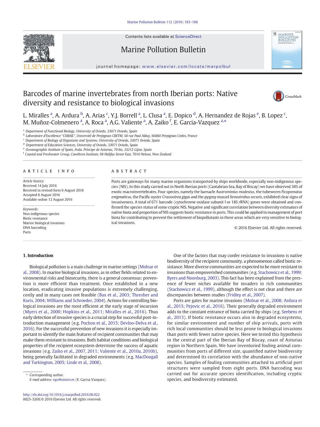 Barcodes of Marine Invertebrates from North Iberian Ports: Native Diversity and Resistance to Biological Invasions