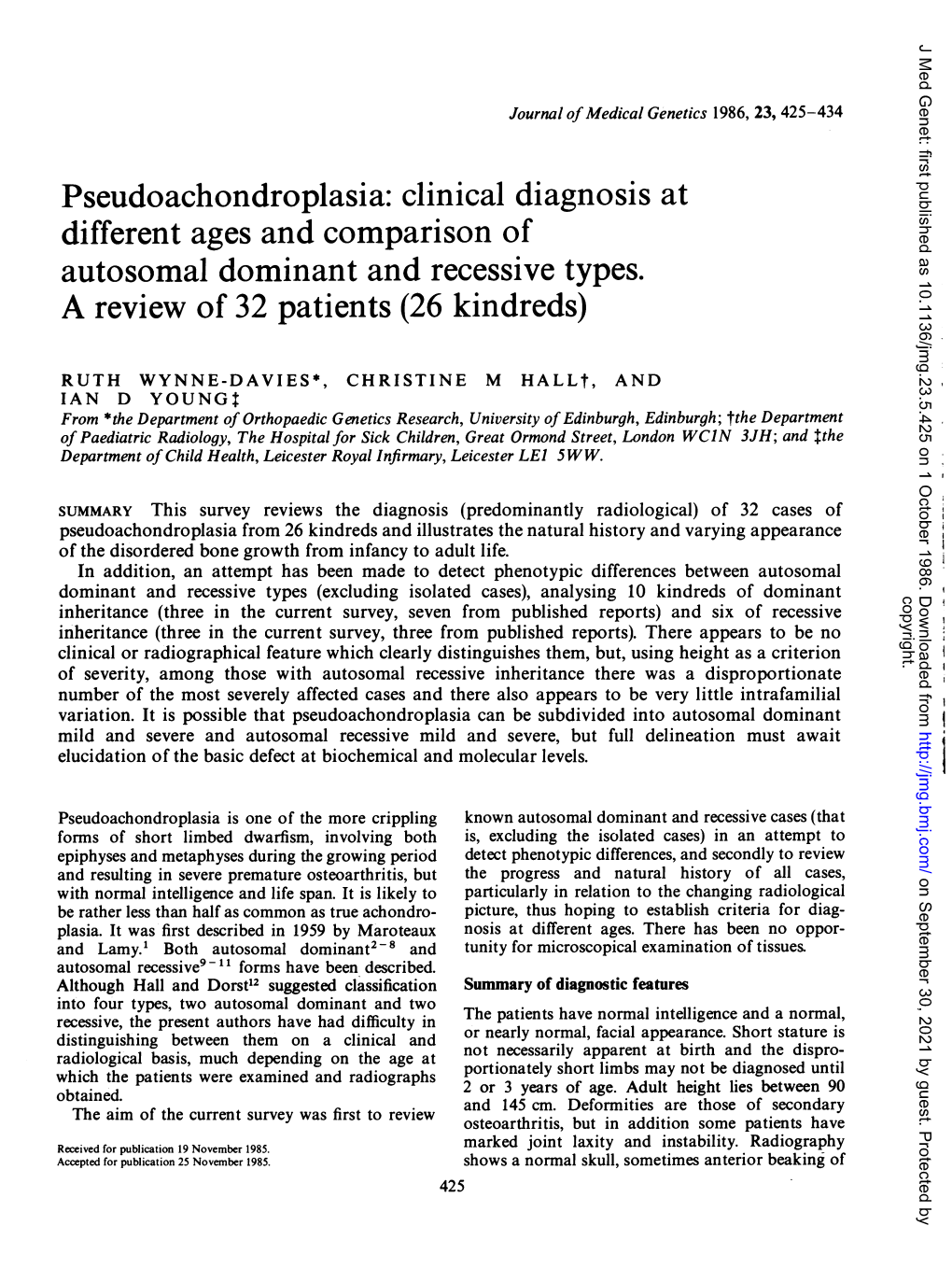 Pseudoachondroplasia: Clinical Diagnosis at Different Ages and Comparison of Autosomal Dominant and Recessive Types