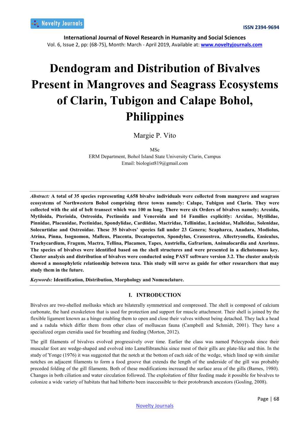 Dendogram and Distribution of Bivalves Present in Mangroves and Seagrass Ecosystems of Clarin, Tubigon and Calape Bohol, Philippines