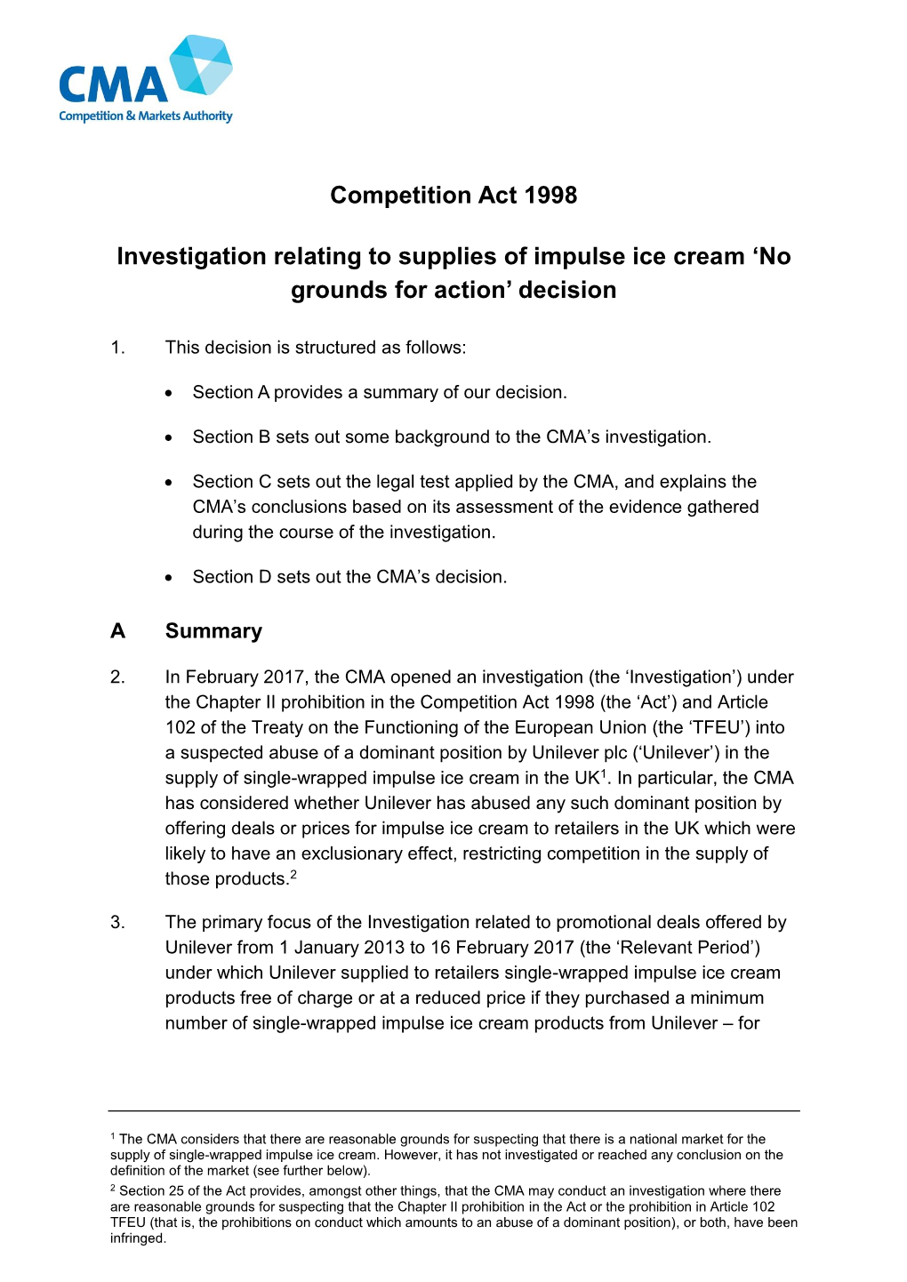 Investigation Relating to Supplies of Impulse Ice Cream ‘No Grounds for Action’ Decision