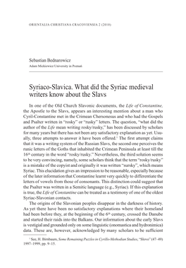 Syriaco-Slavica. What Did the Syriac Medieval Writers Know About the Slavs