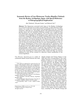 Systematic Review of Late Pleistocene Turtles (Reptilia: Chelonii) from the Ryukyu Archipelago, Japan, with Special Reference to Paleogeographical Implications1