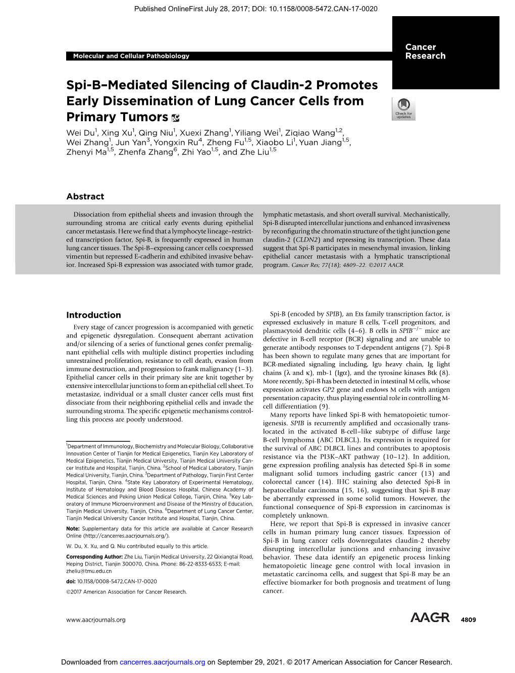 Spi-B–Mediated Silencing of Claudin-2 Promotes Early