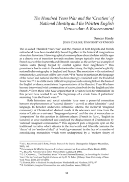 The Hundred Years War and the ‘Creation’ of National Identity and the Written English Vernacular: a Reassessment