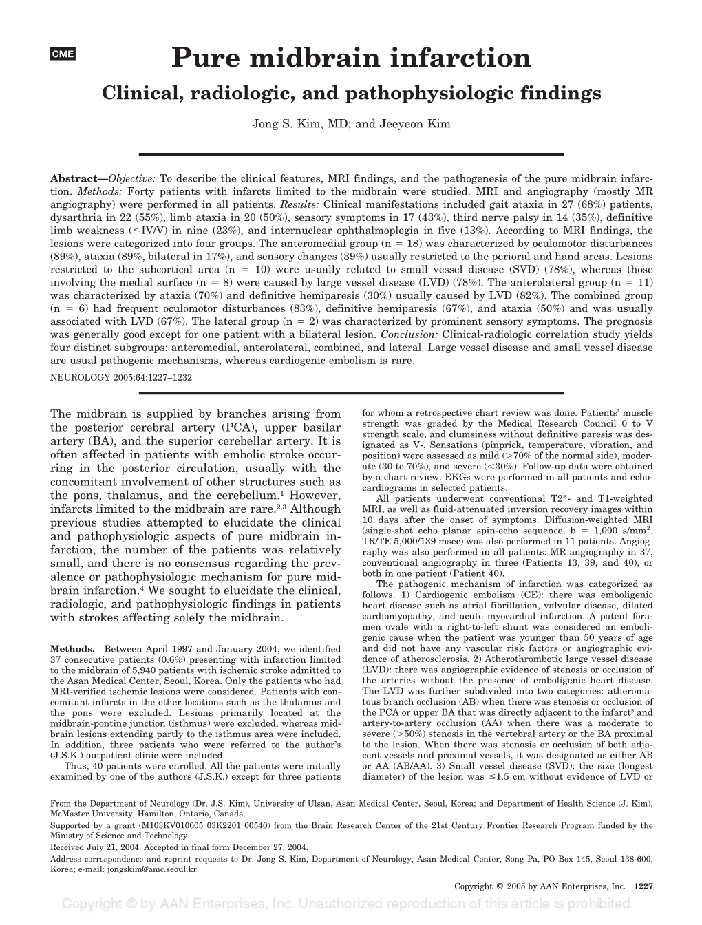 Pure Midbrain Infarction Clinical, Radiologic, and Pathophysiologic Findings