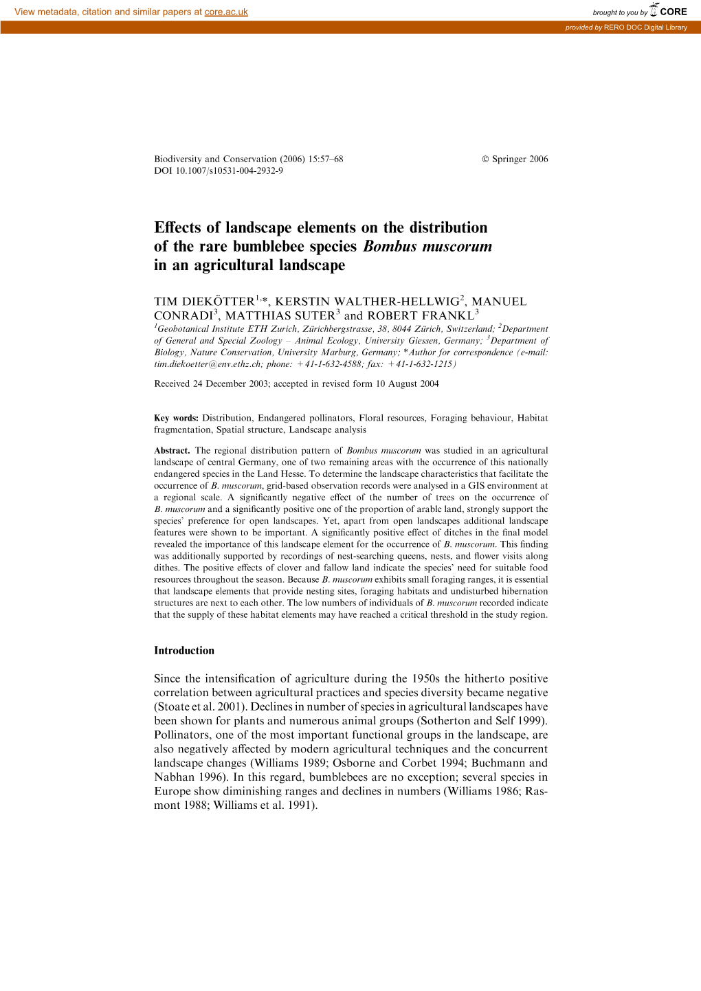 Effects of Landscape Elements on the Distribution of the Rare Bumblebee