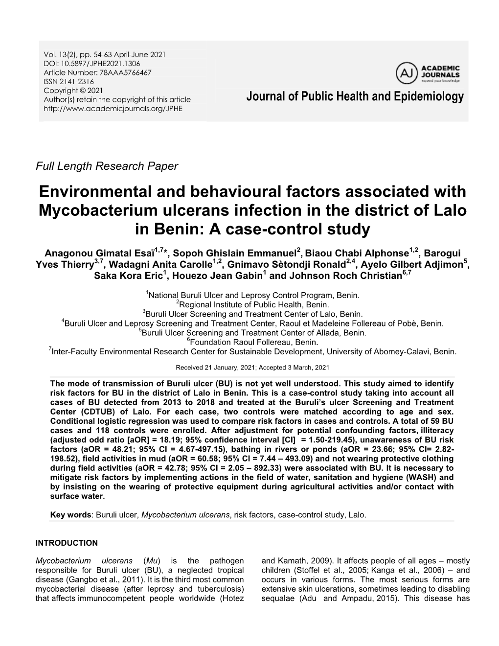Environmental and Behavioural Factors Associated with Mycobacterium Ulcerans Infection in the District of Lalo in Benin: a Case-Control Study