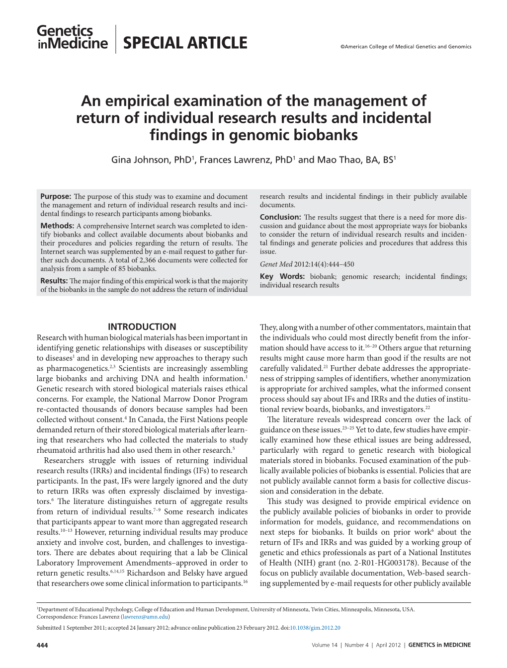 An Empirical Examination of the Management of Return of Individual Research Results and Incidental Findings in Genomic Biobanks