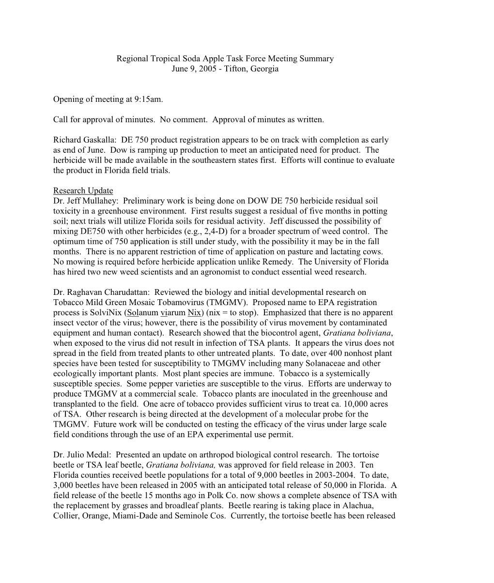 Regional Tropical Soda Apple Task Force Meeting Summary June 9, 2005 - Tifton, Georgia