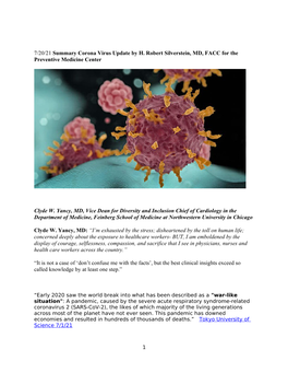 7/20/21 Summary Corona Virus Update by H. Robert Silverstein, MD, FACC for the Preventive Medicine Center