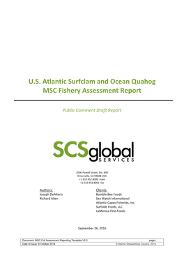 U.S. Atlantic Surfclam and Ocean Quahog MSC Fishery Assessment Report