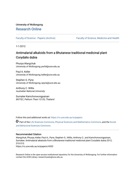 Antimalarial Alkaloids from a Bhutanese Traditional Medicinal Plant Corydalis Dubia