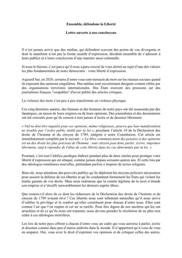 Ensemble, Défendons La Liberté Lettre Ouverte À Nos Concitoyens Il N'est Jamais Arrivé Que Des Médias, Qui Défendent