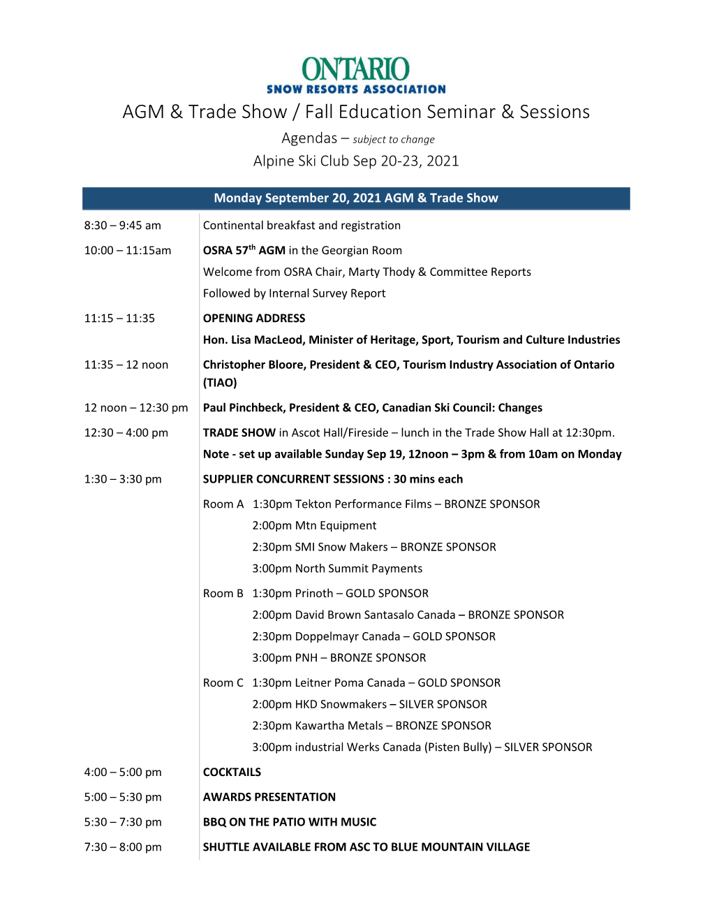 AGM & Trade Show / Fall Education Seminar & Sessions