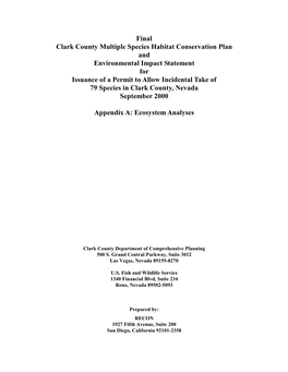 Final Clark County Multiple Species Habitat Conservation Plan and Environmental Impact Statement for Issuance of a Permit To