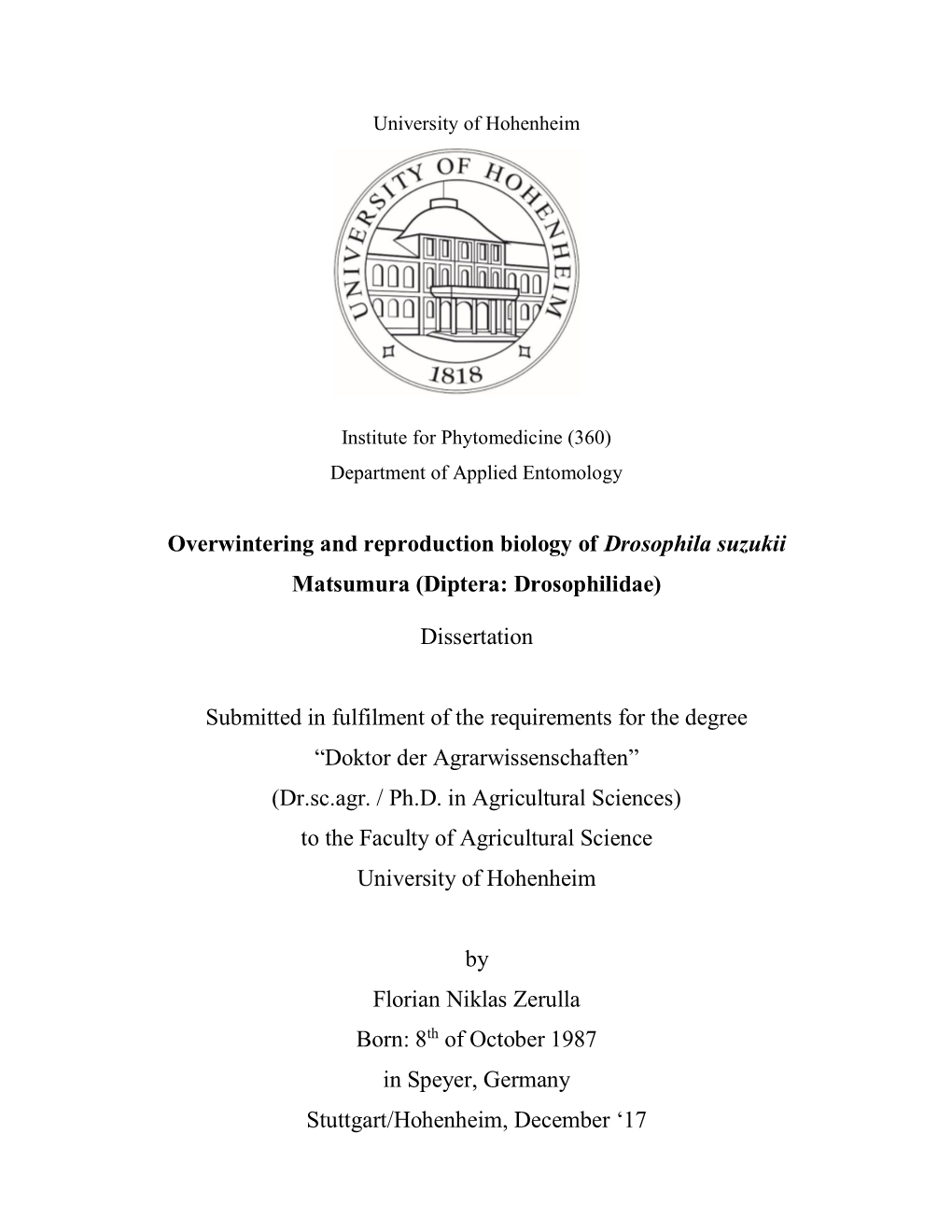 Overwintering and Reproduction Biology of Drosophila Suzukii Matsumura (Diptera: Drosophilidae)