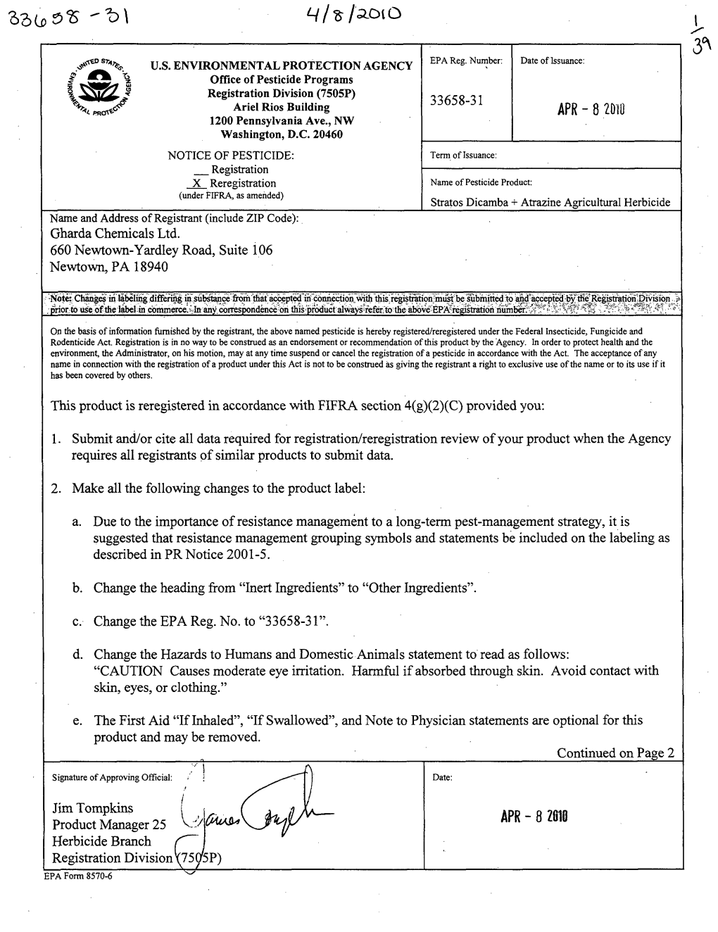 U.S. EPA, Pesticides, Label, STRATOS DICAMBA+ATRAZINE AGRICULTURAL HERBICIDE, 4/8/2010