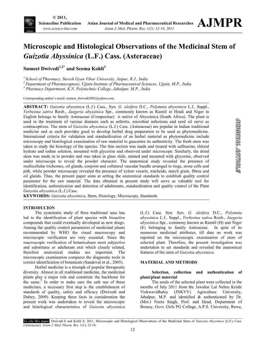 Microscopic and Histological Observations of the Medicinal Stem of Guizotia Abyssinica (L.F.) Cass