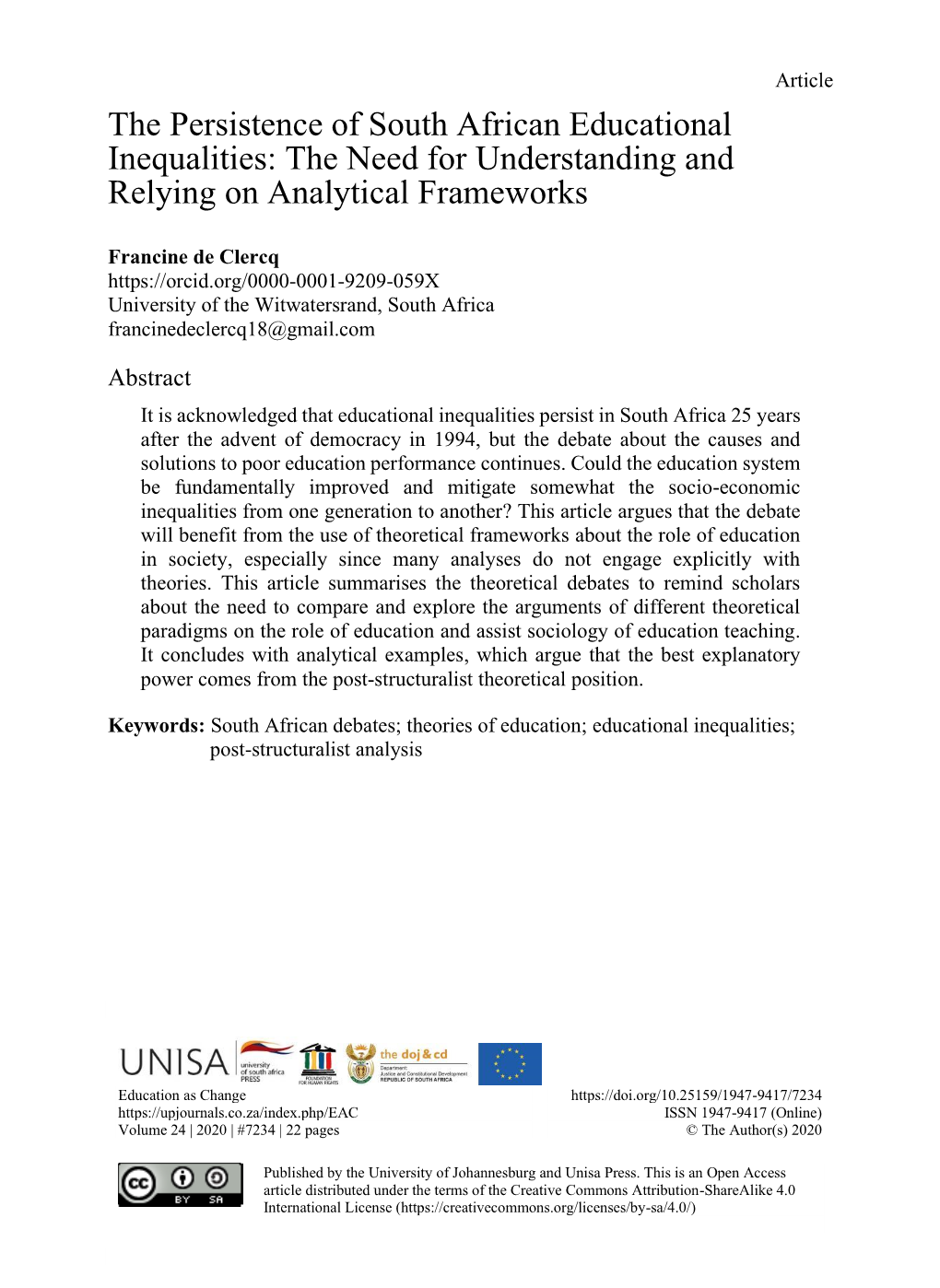 The Persistence of South African Educational Inequalities: the Need for Understanding and Relying on Analytical Frameworks