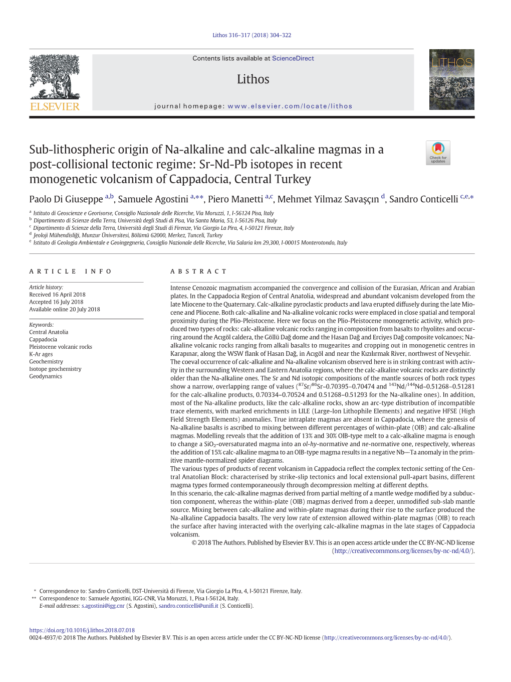 Sr-Nd-Pb Isotopes in Recent Monogenetic Volcanism of Cappadocia, Central Turkey