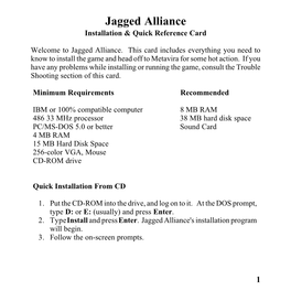 Jagged Alliance Installation & Quick Reference Card