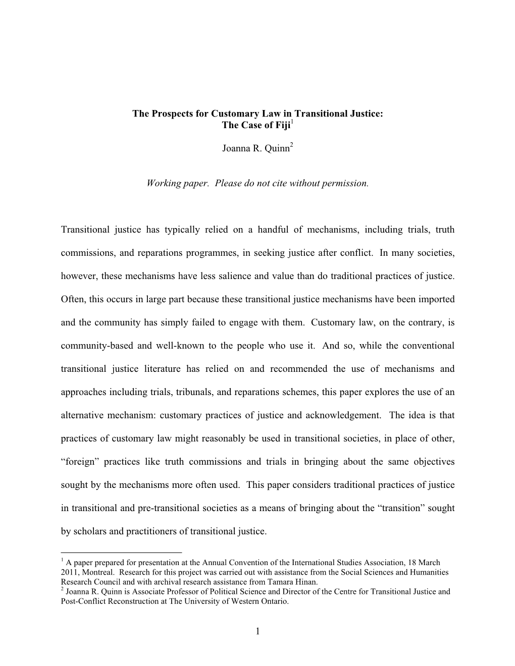 1 the Prospects for Customary Law in Transitional Justice