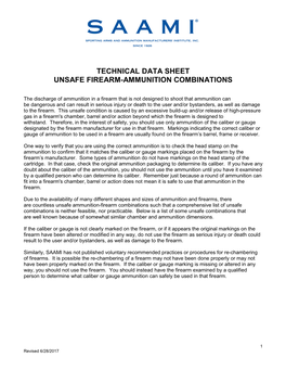 Technical Data Sheet Unsafe Firearm-Ammunition Combinations