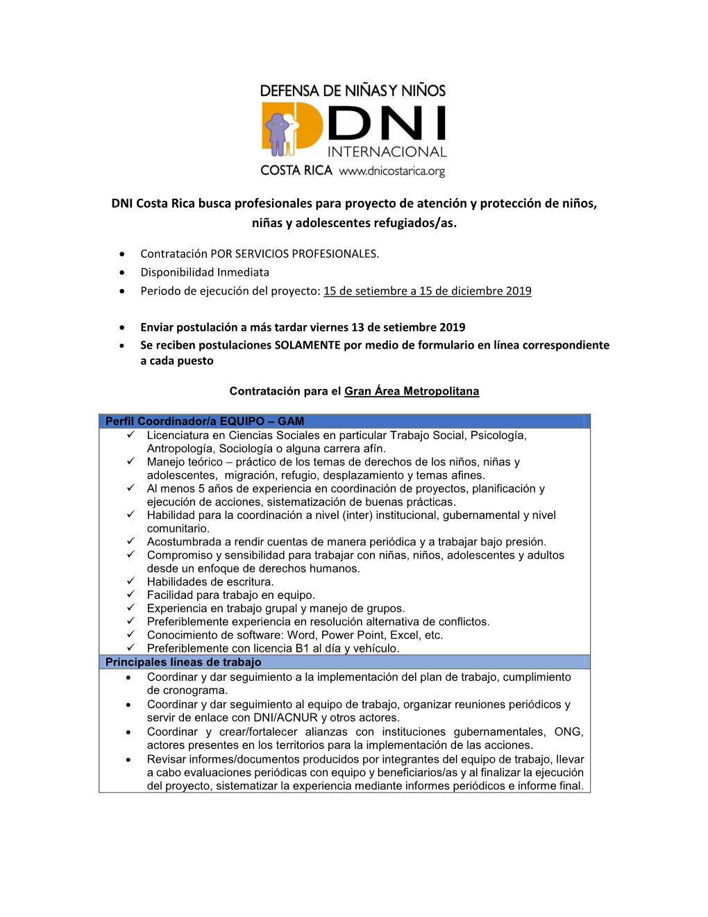 DNI Costa Rica Busca Profesionales Para Proyecto De Atención Y Protección De Niños, Niñas Y Adolescentes Refugiados/As