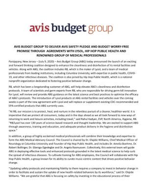 Avis Budget Group to Deliver Avis Safety Pledge And