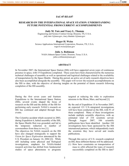 Research on the International Space Station: Understanding Future Potential from Current Accomplishments