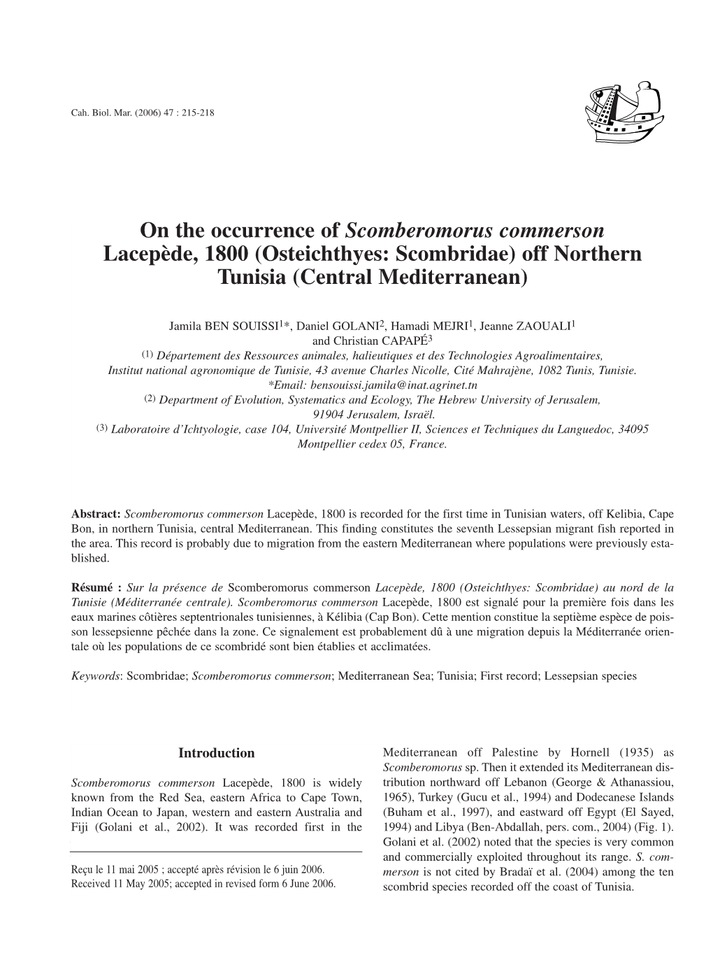 On the Occurrence of Scomberomorus Commerson Lacepède, 1800 (Osteichthyes: Scombridae) Off Northern Tunisia (Central Mediterranean)