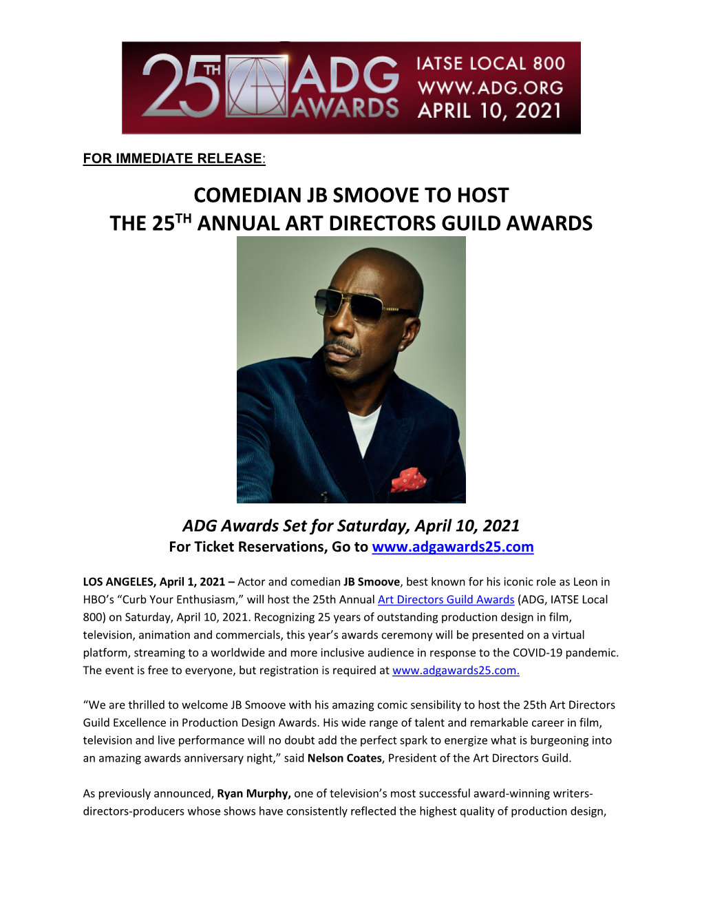 Comedian Jb Smoove to Host the 25Th Annual Art Directors Guild Awards