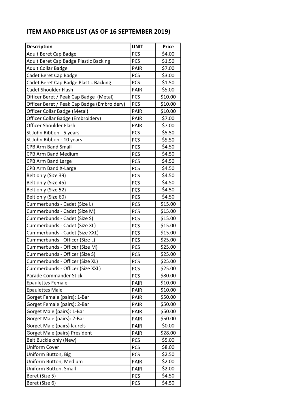 Item and Price List (As of 16 September 2019)