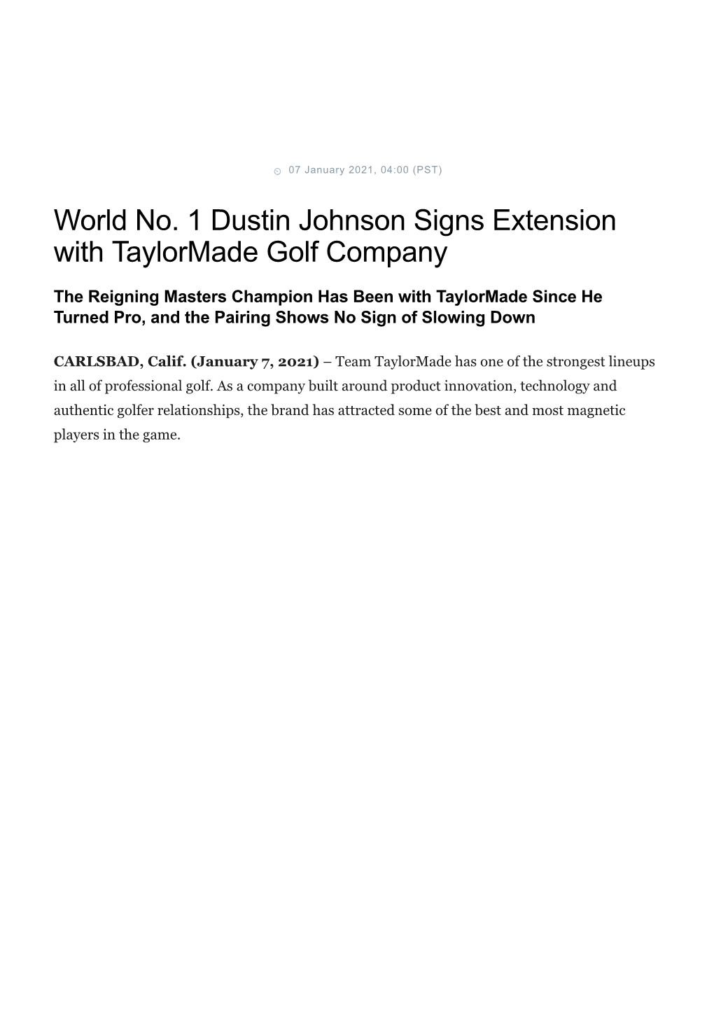 World No. 1 Dustin Johnson Signs Extension with Taylormade Golf Company