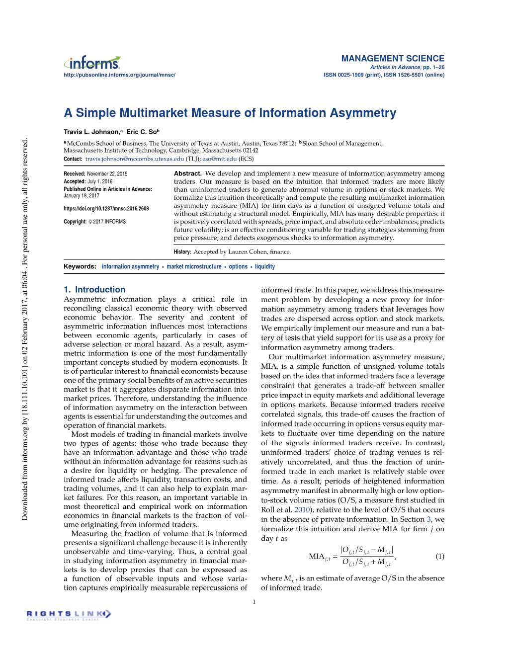 A Simple Multimarket Measure of Information Asymmetry