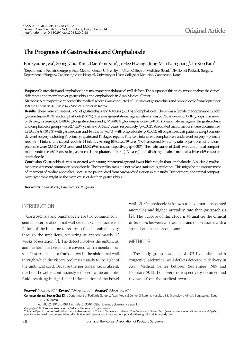 Original Article the Prognosis of Gastroschisis and Omphalocele