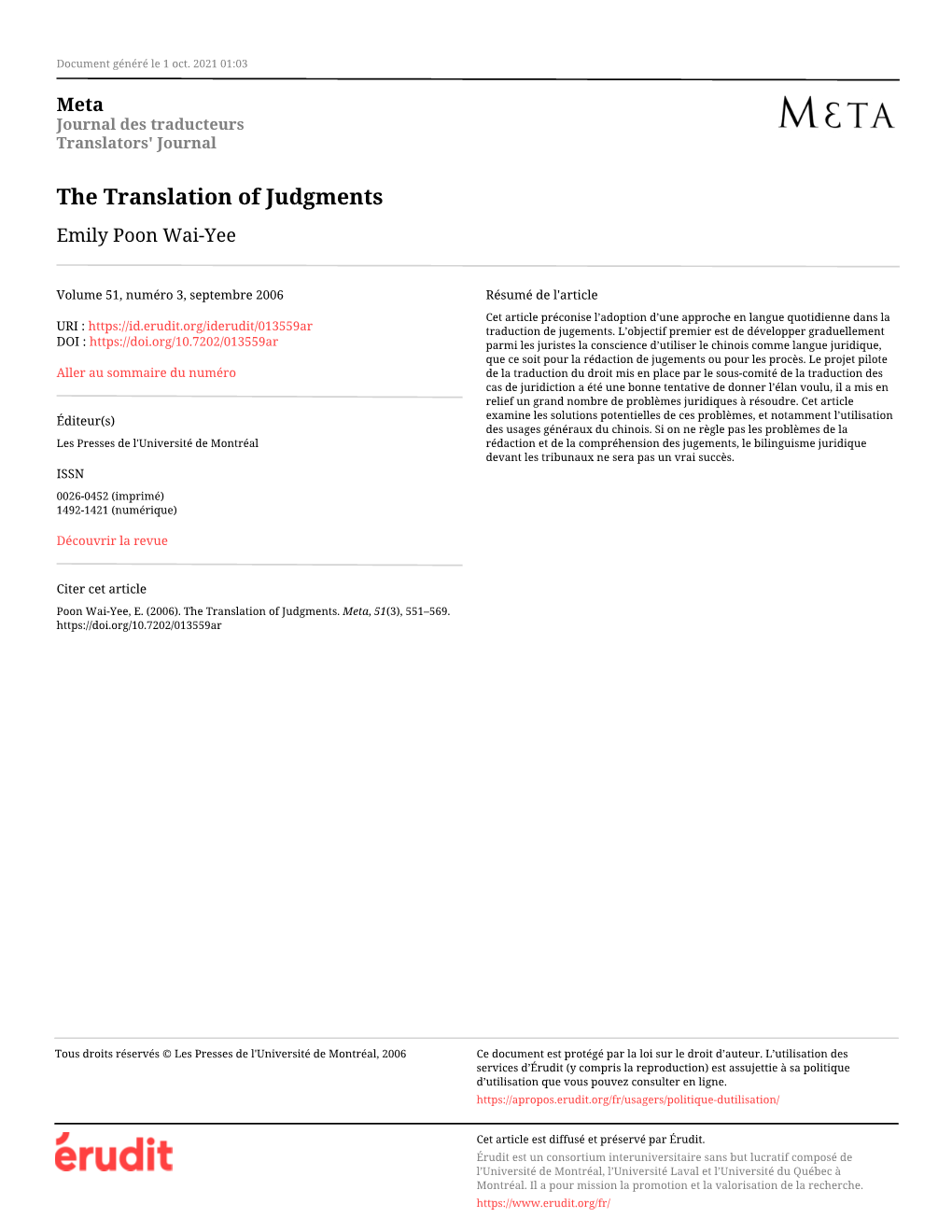 The Translation of Judgments Emily Poon Wai-Yee