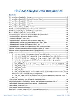 PHD 2.0 Analytic Data Dictionaries Contents All Payer’S Claims Data (APCD) – Dental