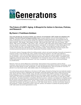 The Future of LGBT+ Aging: a Blueprint for Action in Services, Policies, and Research by Karen I. Fredriksen-Goldsen